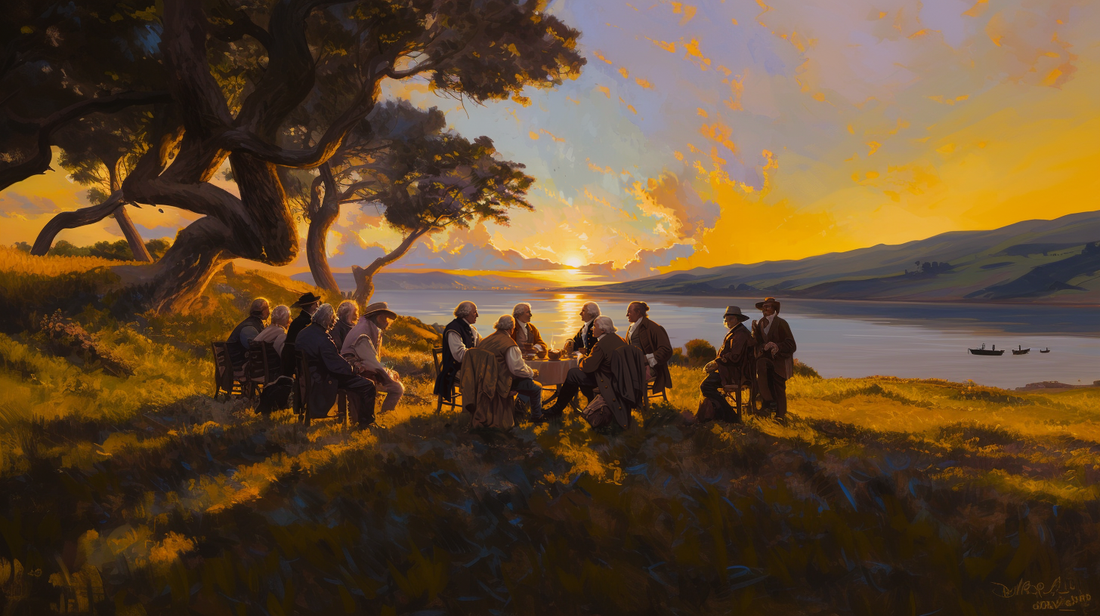 an image of our founding fathers enjoying coffee in a scenic area.